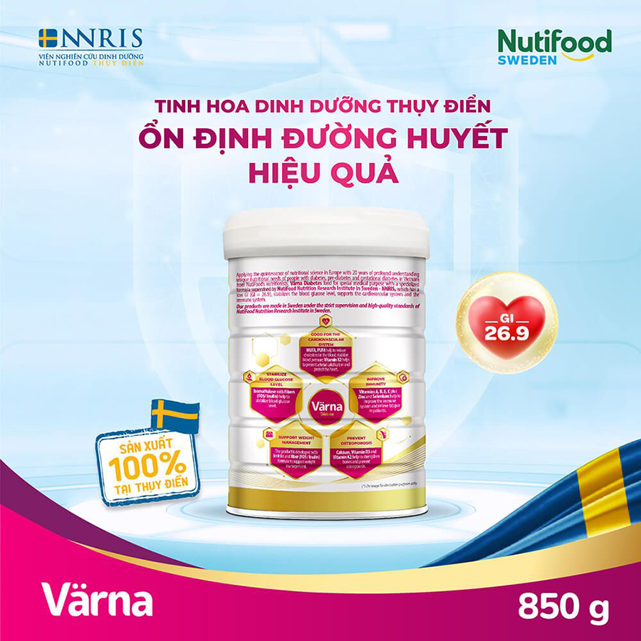 Sữa bột Värna Diabetes Ổn định đường huyết (GI = 26,9) (Lon 850g)