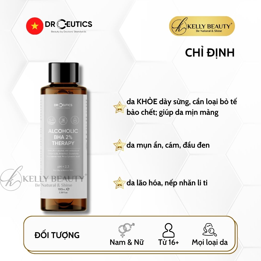 DrCeutics ALCOHOLIC BHA 2% Therapy NỀN CỒN- Giảm Mụn, Loại Bỏ Da Chết, Dầu Thừa; Se Lỗ Chân Lông | Kelly Beauty