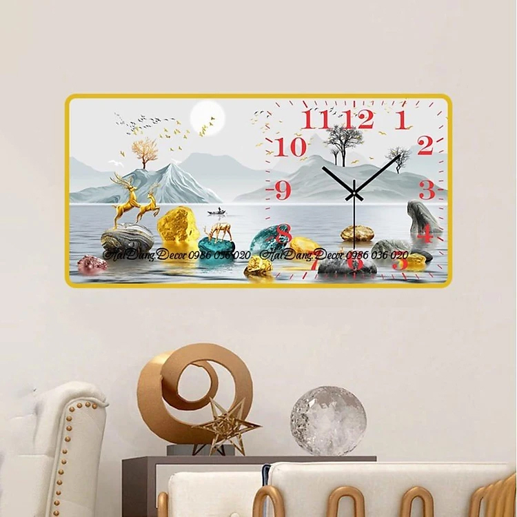 TRANH ĐỒNG HỒ - TRANH TREO PHÒNG KHÁCH -TRANH ĐỒNG HỒ TRÁNG GƯƠNG HƯƠU VÀNG BÊN ĐÁ CUỘI(TẶNG KÈM ĐINH 3 CHÂN))