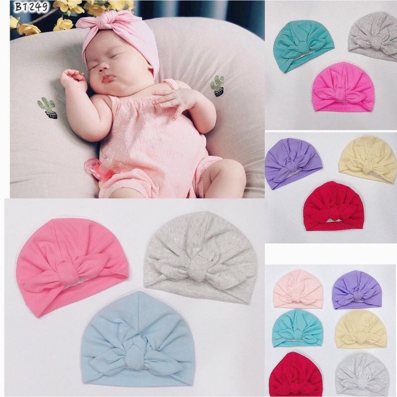 Mũ cho bé sơ sinh thắt nơ, nón thắt nơ sơ sinh 0-6 tháng cotton thun mềm