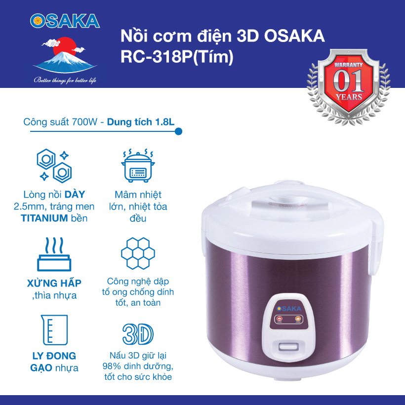 Nồi Cơm Điện 3D Cao Cấp Osaka RC318P - Hàng Chính Hãng