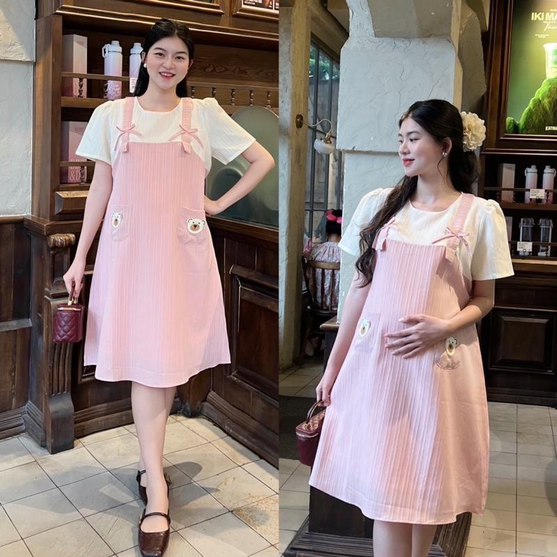 Đầm bầu yếm liền phối túi dễ thương xinh xắn, đầm bầu xinh sang chảnh đi làm đi chơi đều xinh - Nâu