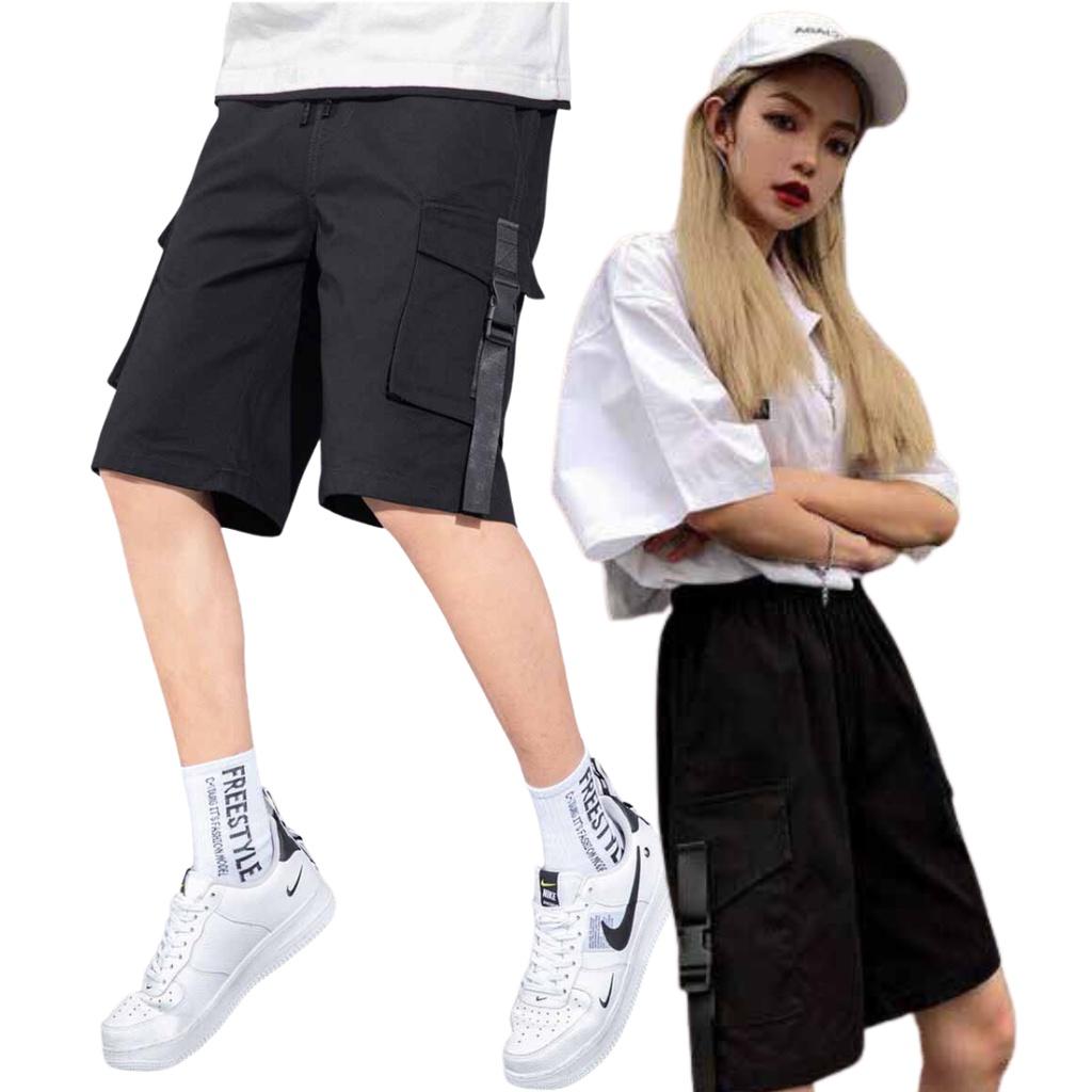 Quần Short Kaki Túi Hộp bên khóa dây gài nam nữ - Sọt Lững Kiểu Dáng Thể Thao Unisex hai Màu Đen,xám 03x.
