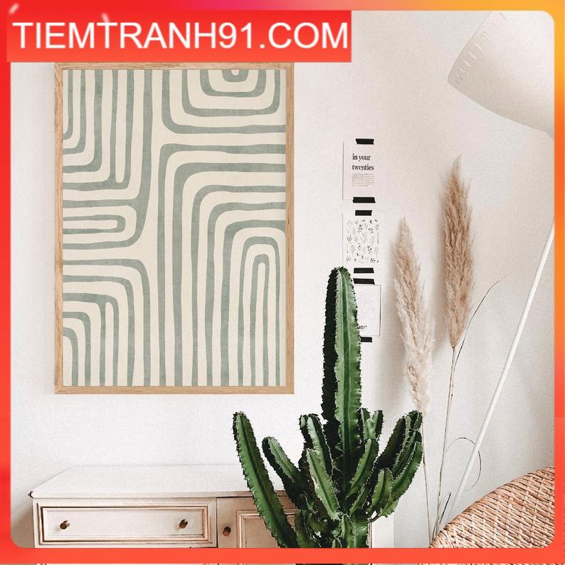 Tranh treo tường | Tranh trừu tượng - Sage green geometric line art print, simple green &amp; beige lines poster