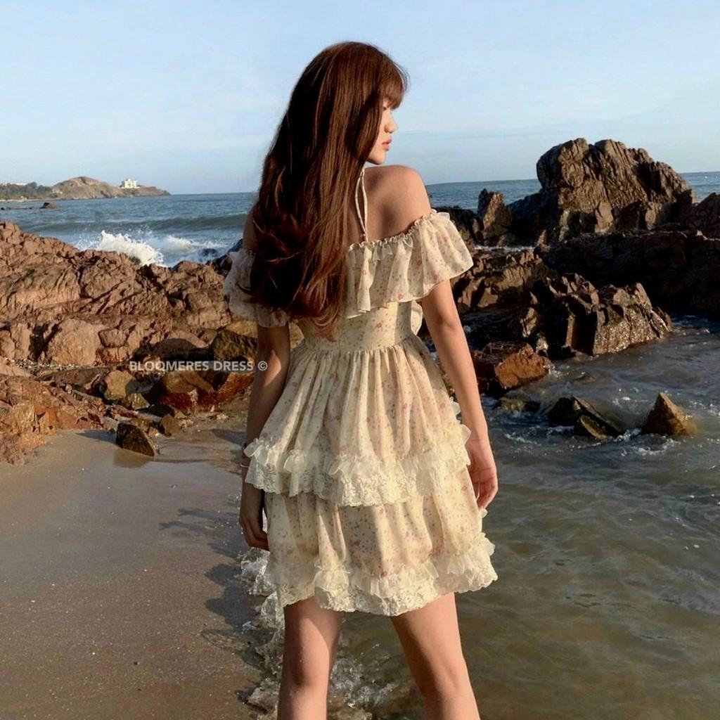 Đầm Hoa Nude Ren Rớt Vai Váy Hoa Ren Chít Eo Vai Nhún Bèo Xinh Xắn LANI SHOP