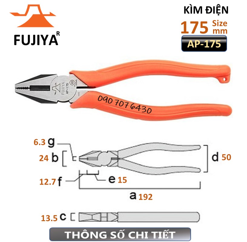 Kìm điện - Kìm răng 7 inch/ 175mm Fujiya AP-175 Công nghệ Nhật- Kìm cắt dây thép dây đồng