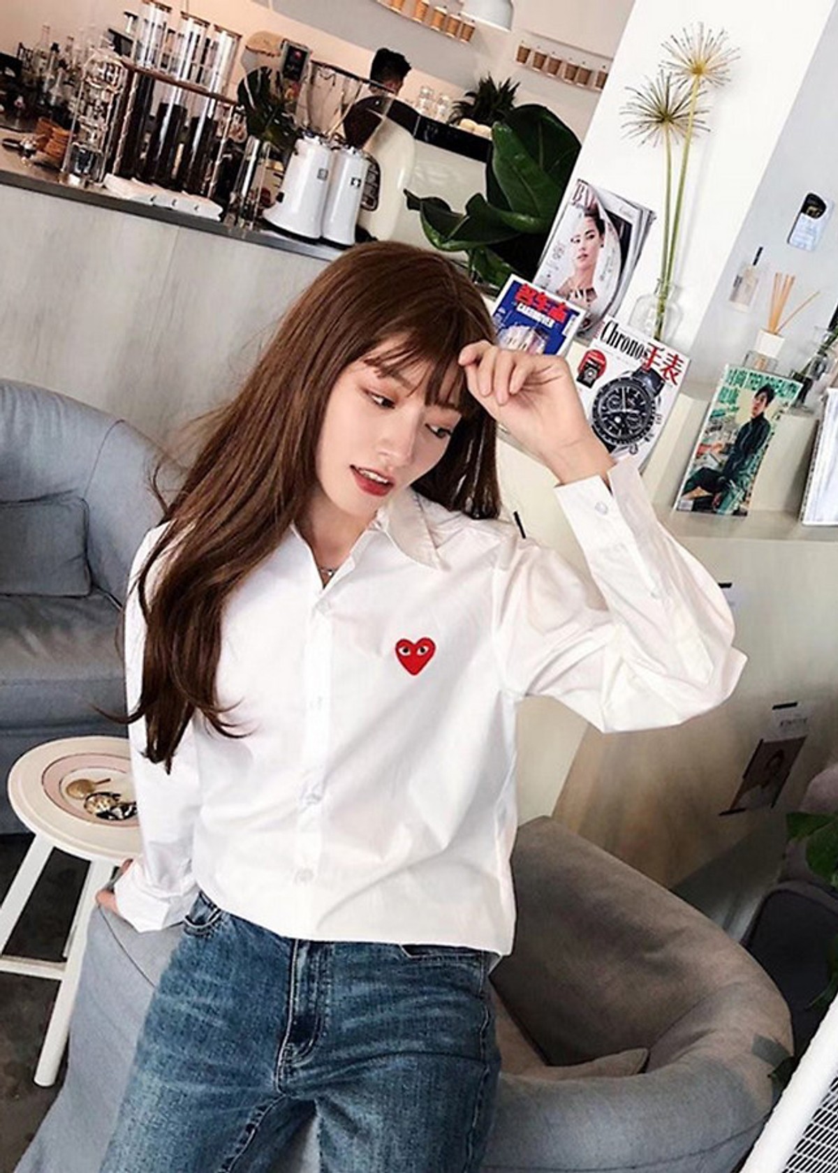 Áo sơ mi nữ công sở form dáng basic dễ mặc, họa tiết trái tim thêu xinh xắn CS127
