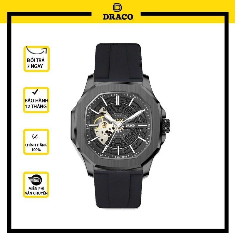 Đồng hồ nam Draco D23-DS68 “DongSon” Automatic	full đen kết hợp chất liệu dây cao su non cao cấp màu đen-thời trang nam thể thao