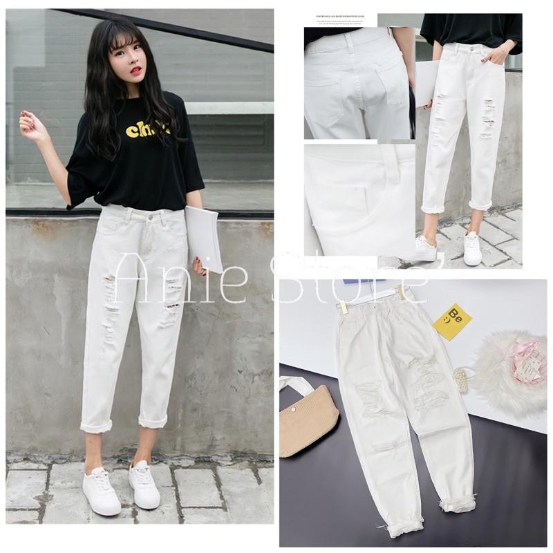 Quần Jeans Nữ Rách Gối Quần Bò Nữ Trơn Dáng Lỡ Xước Gấu Fullsize 2 Màu