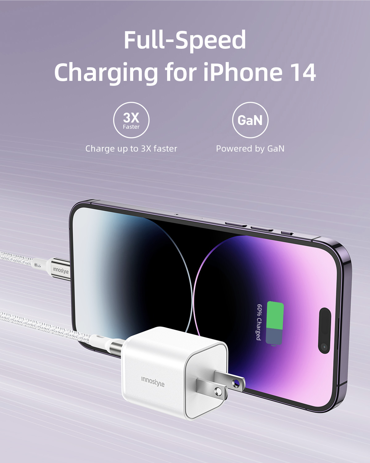 SẠC NHANH CHO IPHONE 14 I 13 I 12 INNOSTYLE MINICUBE GAN II PD/PPS 35W 2 CỔNG - HÀNG CHÍNH HÃNG