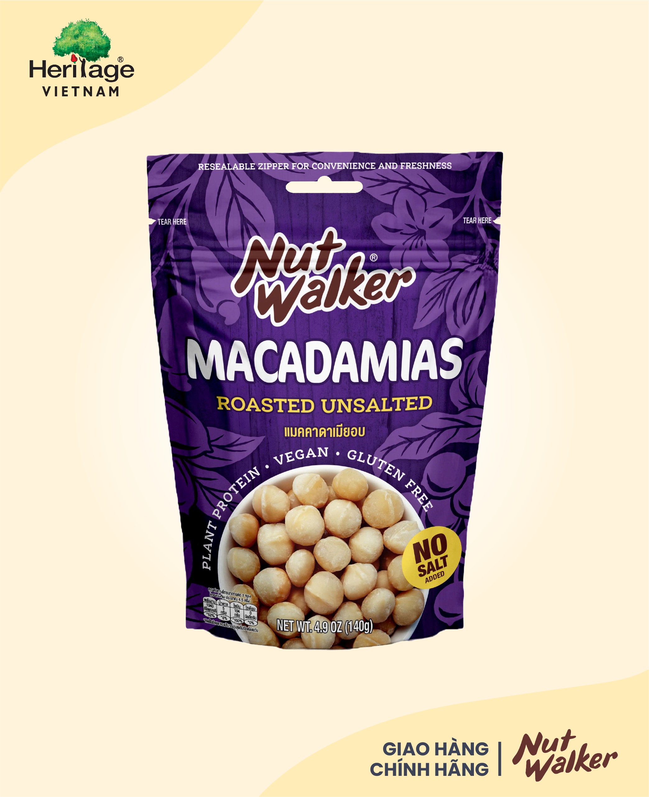Nut Walker - Gói 140gr Hạt Macadamias rang không muối (Dry Roasted Unsalted Macadamias)