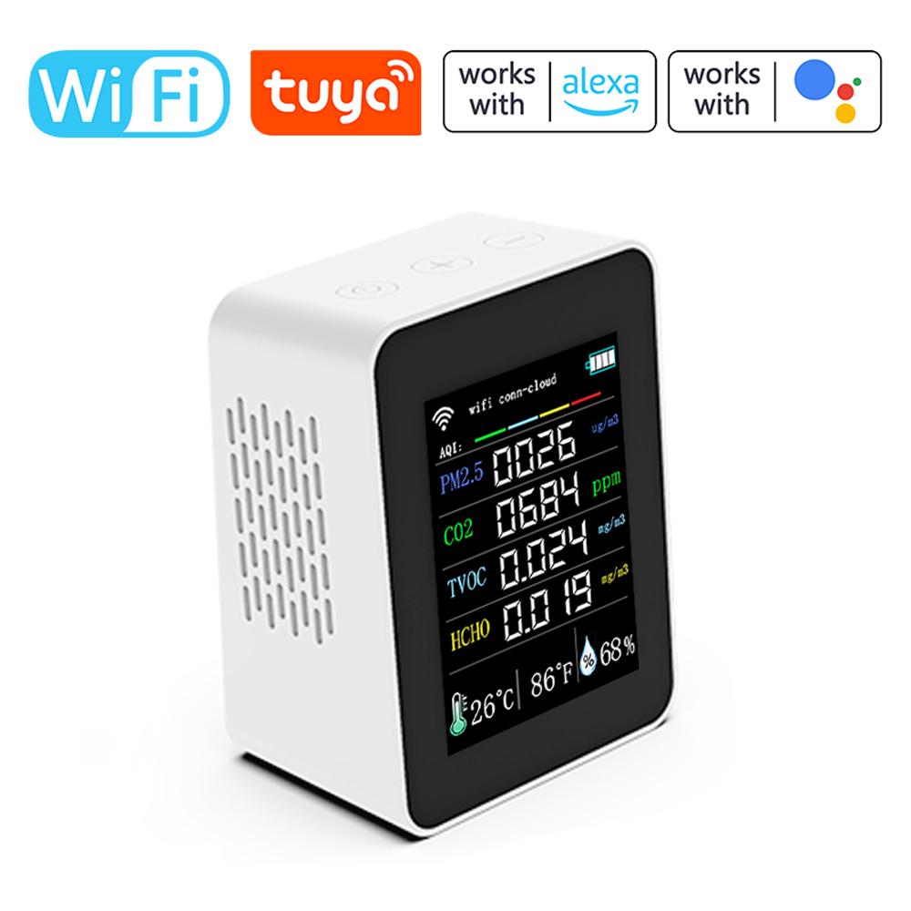 Tuya Wifi Portable Air Quality Meter 7in1 PM2.5 CO2 TVOC HCHO AQI Temperature Humidity Tester 2.8inch TFT Color Display Carbon Dioxide Detector Support Cellphone APP Control with Calendar Function