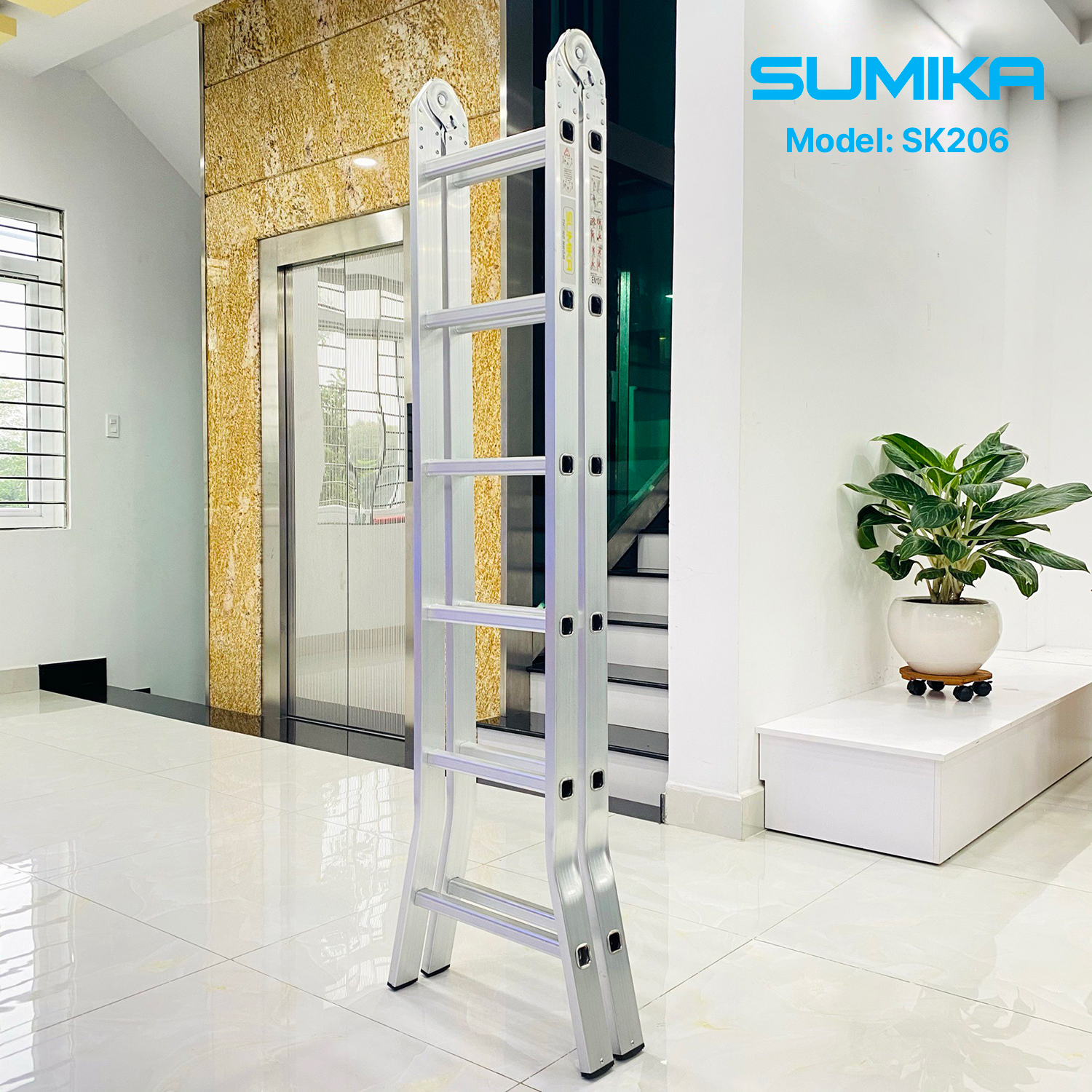 Hình ảnh Thang nhôm xếp chữ A SUMIKA SK206, chữ A cao 1.7m, chữ I cao 3.4m, tải trọng 150kg