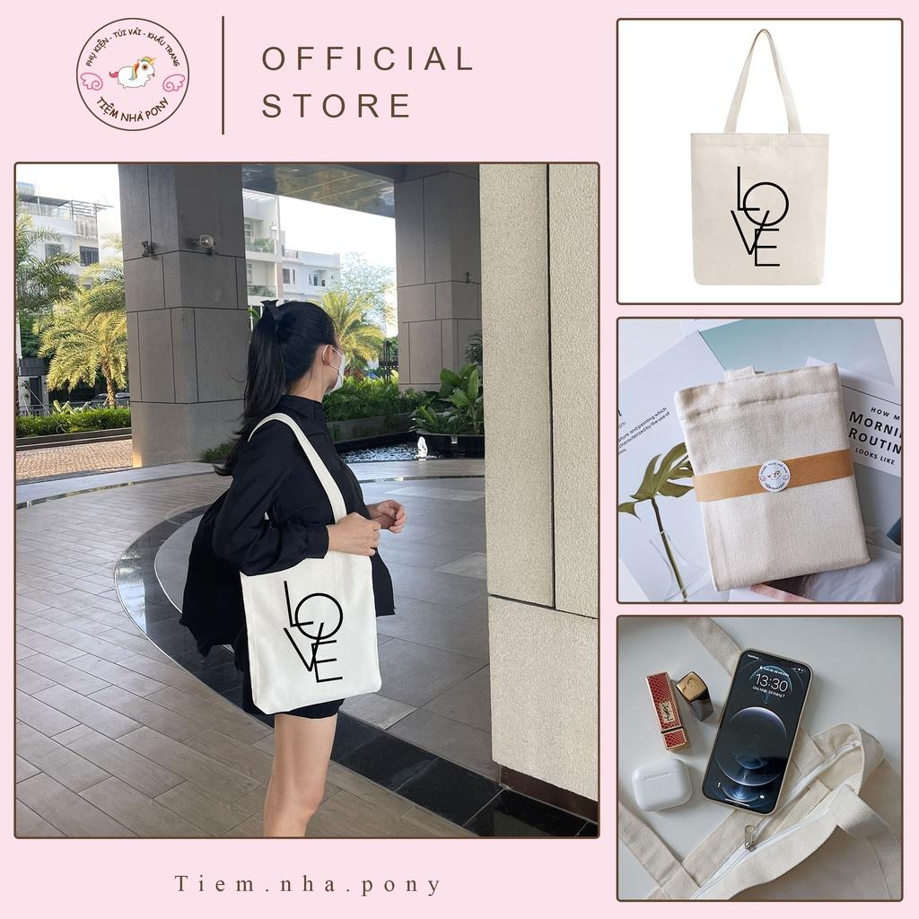 Túi tote vải mộc Tiệm nhà Pony dây kéo in hình LOVE PM118