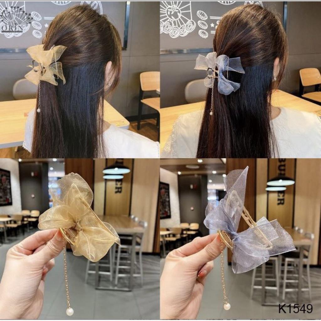 Kẹp tóc càng cua kim loại size lớn đính nơ và hạt châu xinh xắn dành cho bạn nữ
