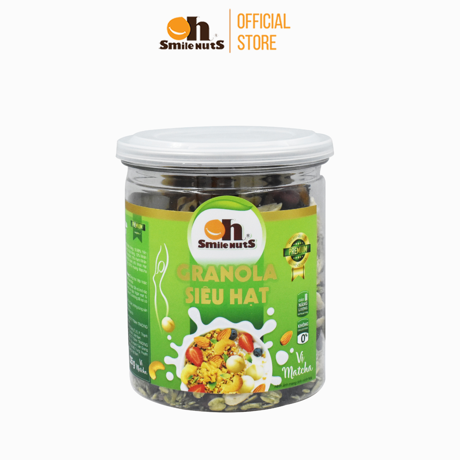 Granola ăn kiêng Siêu Hạt Smilenuts vị Matcha hủ 225g - Gồm Hạnh Nhân bóc vỏ, Nho khô, Óc Chó, Yến Mạch, Hạt điều, Nhân bí xanh và Mật ong _ Ngũ cốc ăn kiêng Siêu hạt vị Matcha