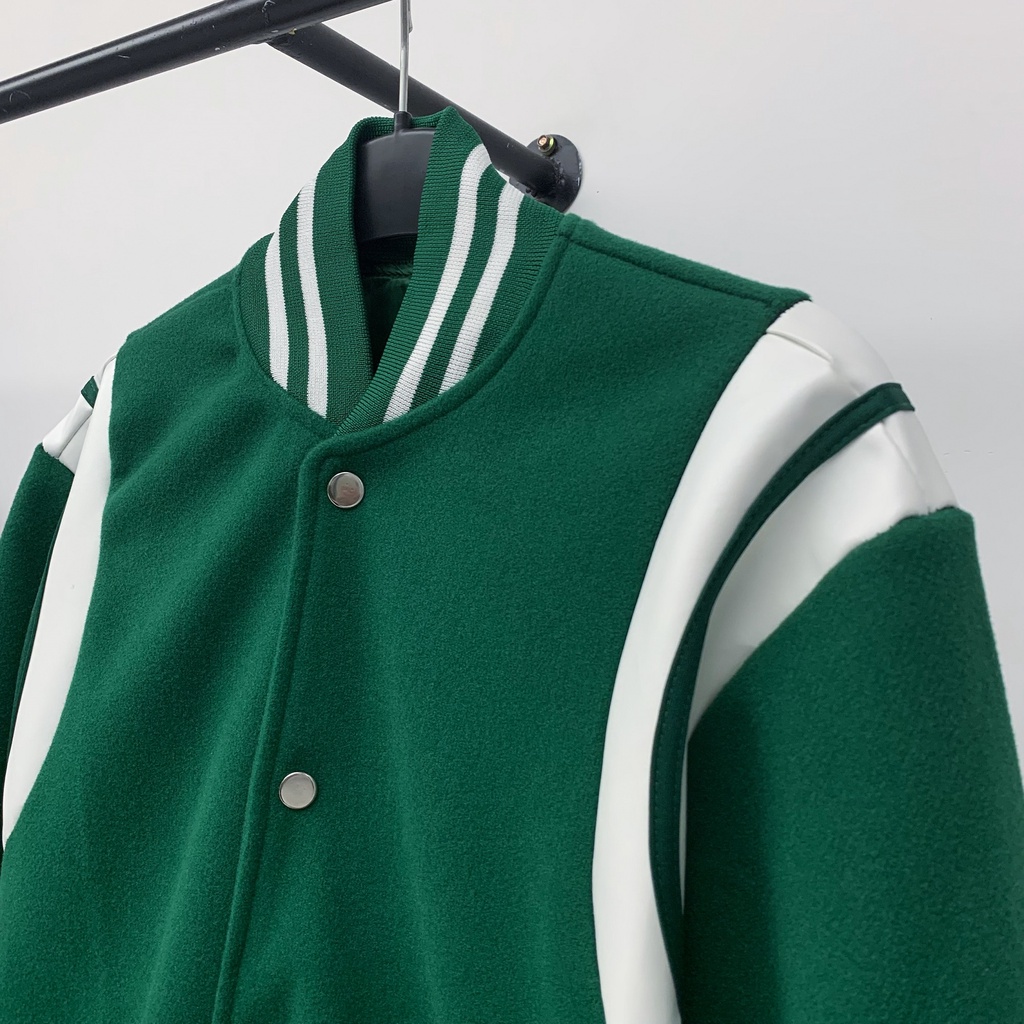 Bomber teddy tay phối da , varsity jacket nam nữ chất dạ 2 lớp , áo khoác bóng chày local brand unisex - Gin Store - M