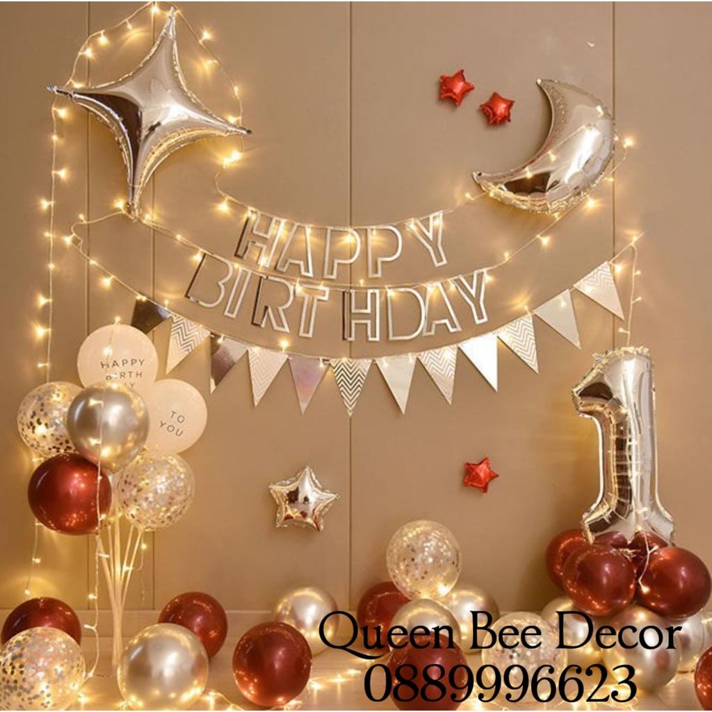 Bộ bong bóng trang trí sinh nhật cho bé tông màu hồng tặng bơm băng dính và số tuổi HQ029