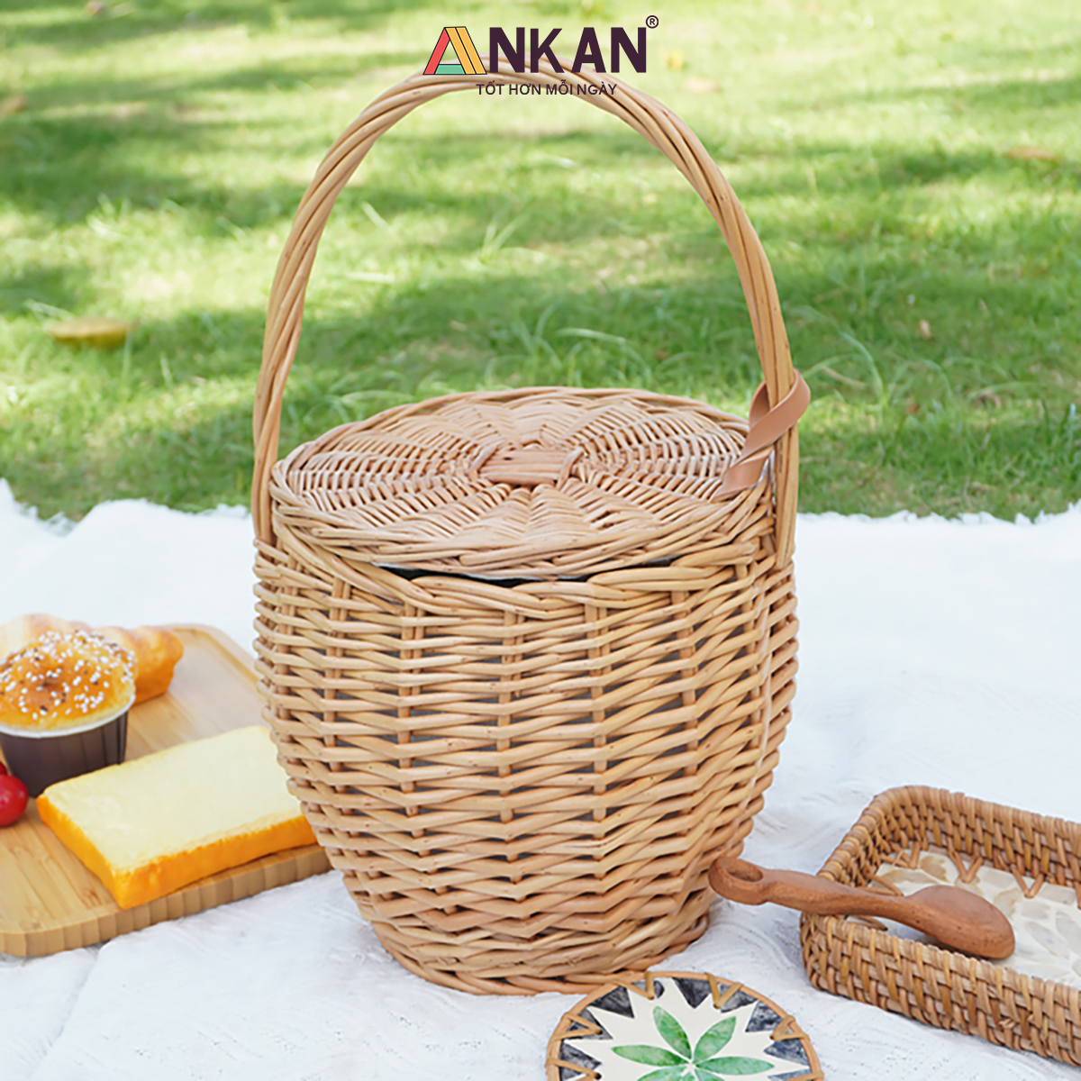 Giỏ Mây Picnic Có Nắp Quai Xách Vintage - Giỏ Mây Tre Đan Thủ Công Cao Cấp Đựng Đồ Ăn, Decor Chụp Ảnh Dã Ngoại