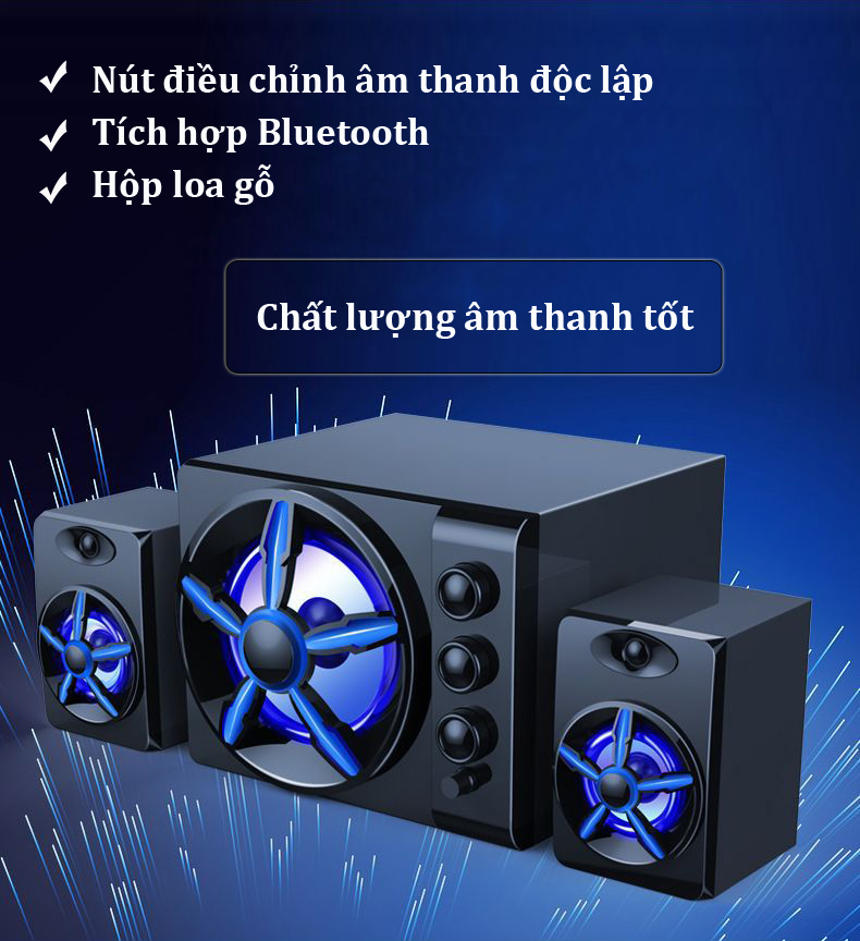 Bộ 3 Loa Vi Tính Để Bàn D-215 Hộp Gỗ, Âm Thanh Siêu Trầm, Hỗ Trợ Bluetooth, USB, Thẻ nhớ, Jack 3.5