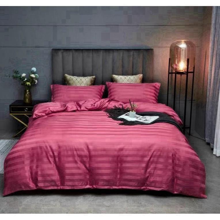 Bộ 4 Món Ga Gối SỌC 3F Vải Cotton Lụa Hàng Chuyên Cho Gia Đình Và Khách Sạn - Đỏ Mận - LAN PHAM BEDDING
