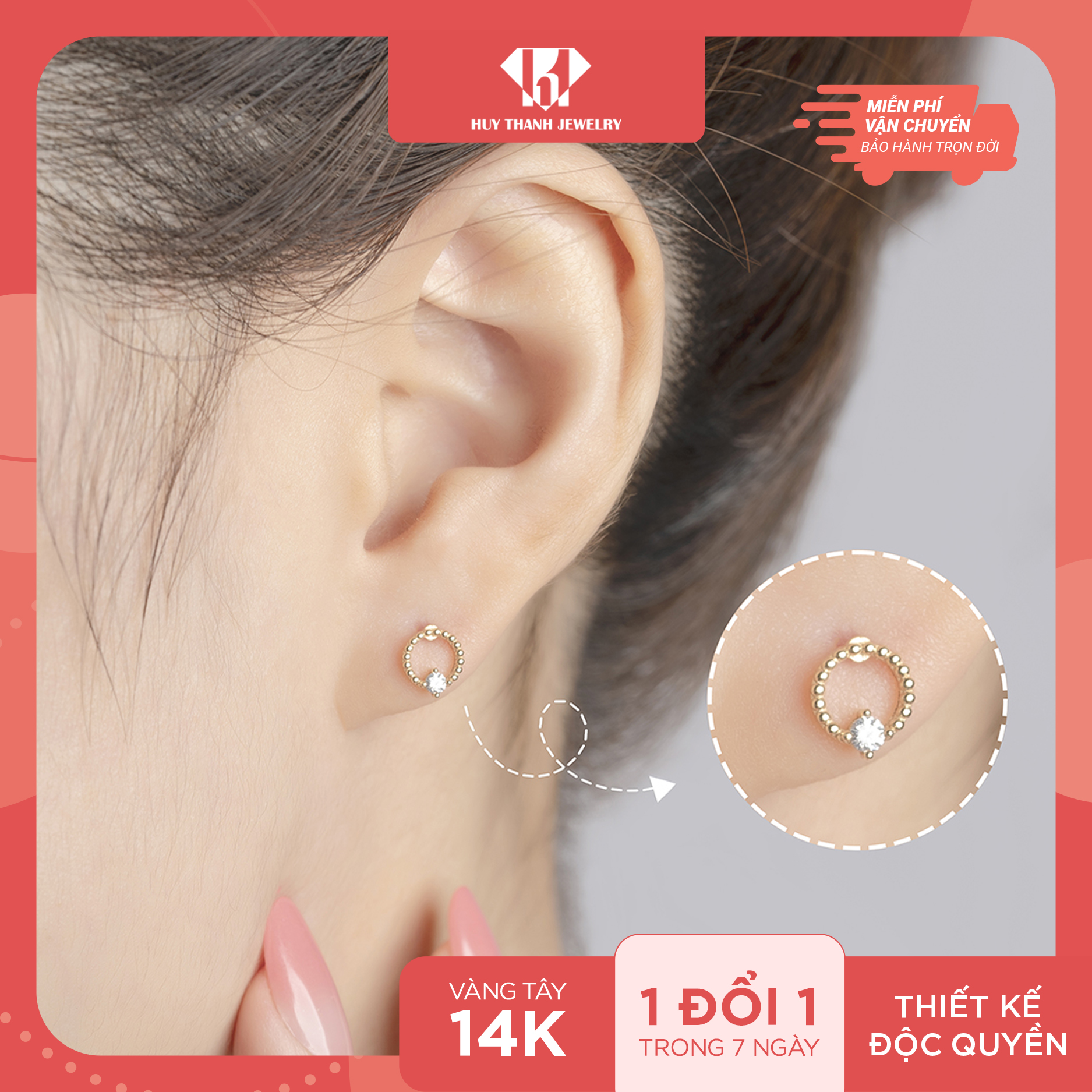 Bông Tai Nữ Vàng 14K BTAM34 Huy Thanh Jewelry 