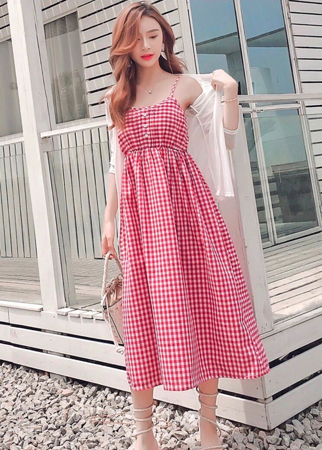 Đầm Xòe Dây Caro Đỏ Sát Nách