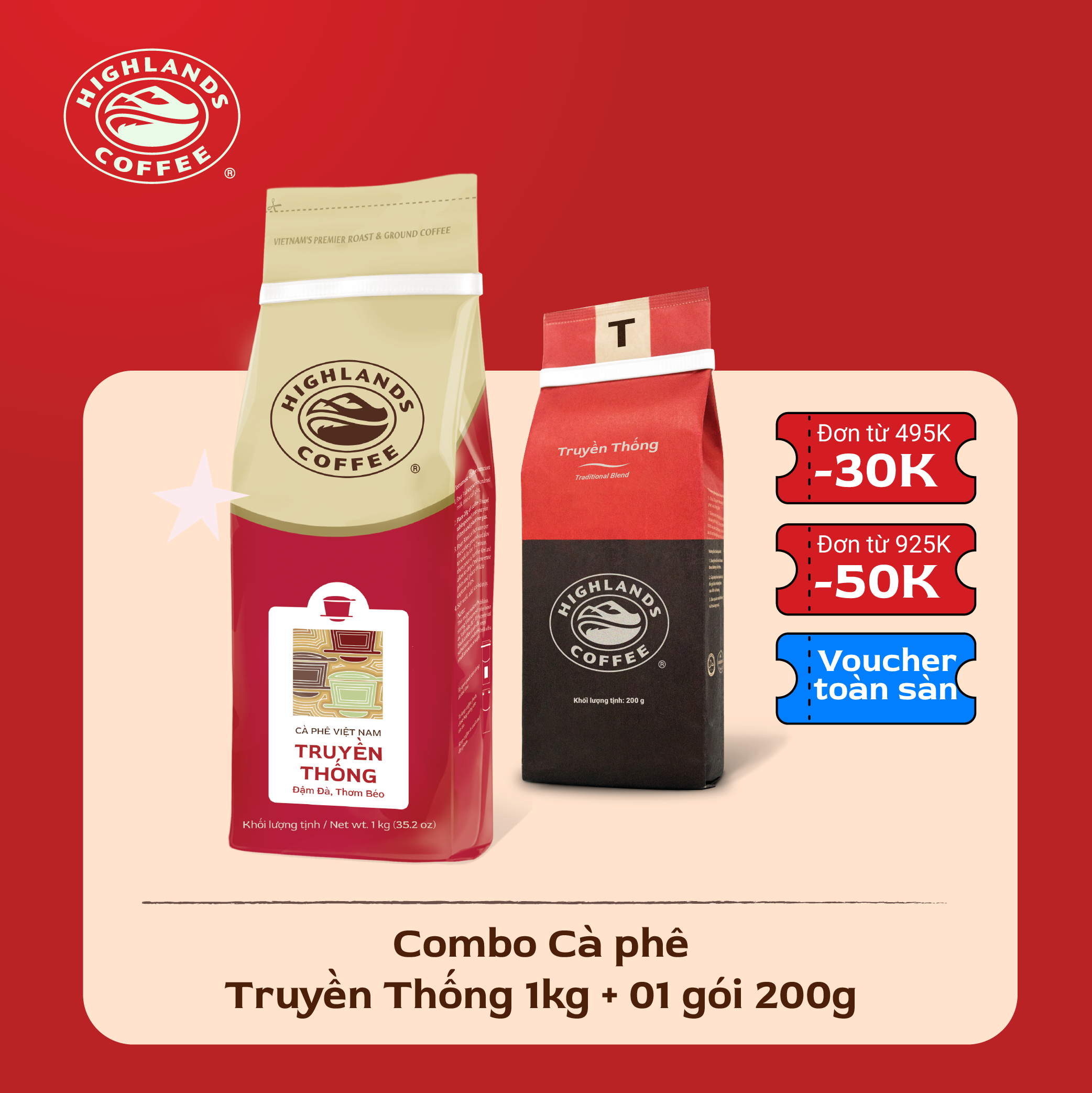 Combo Cà Phê Bột Truyền Thống Highlands Coffee 1kg và gói 200gr