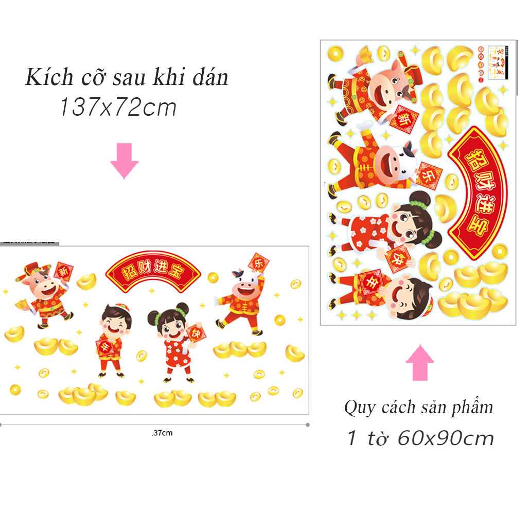Decal dán kính trang trí Tết chào xuân Tân Sửu- Trâu vàng cùng bé lì xì- mã AMJ925