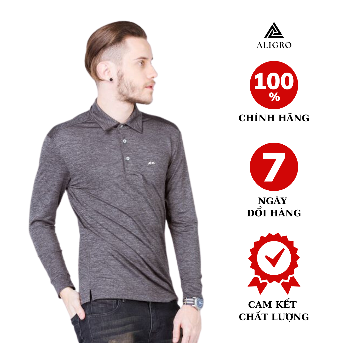 Áo thun dài tay cổ bẻ màu xám chì ALIGRO ALGAPD017