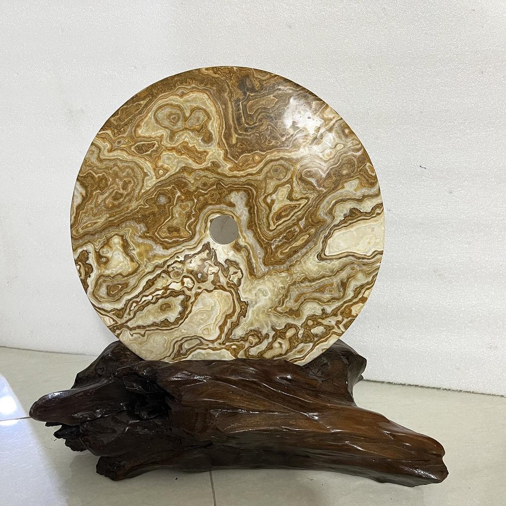 Đồng điếu, đồng điếu đá thật màu vàng vân đường kính 39 cm chân đế gỗ rừng cho mệnh Kim và Thổ