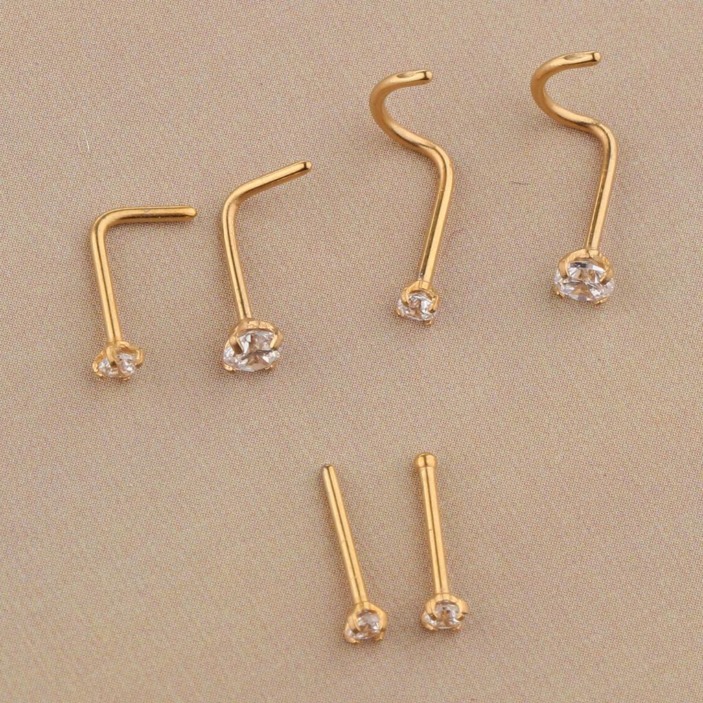 2x6 Pieces Stainless Steel Zircon Crystal Screw Curved Nose Piercing Gold