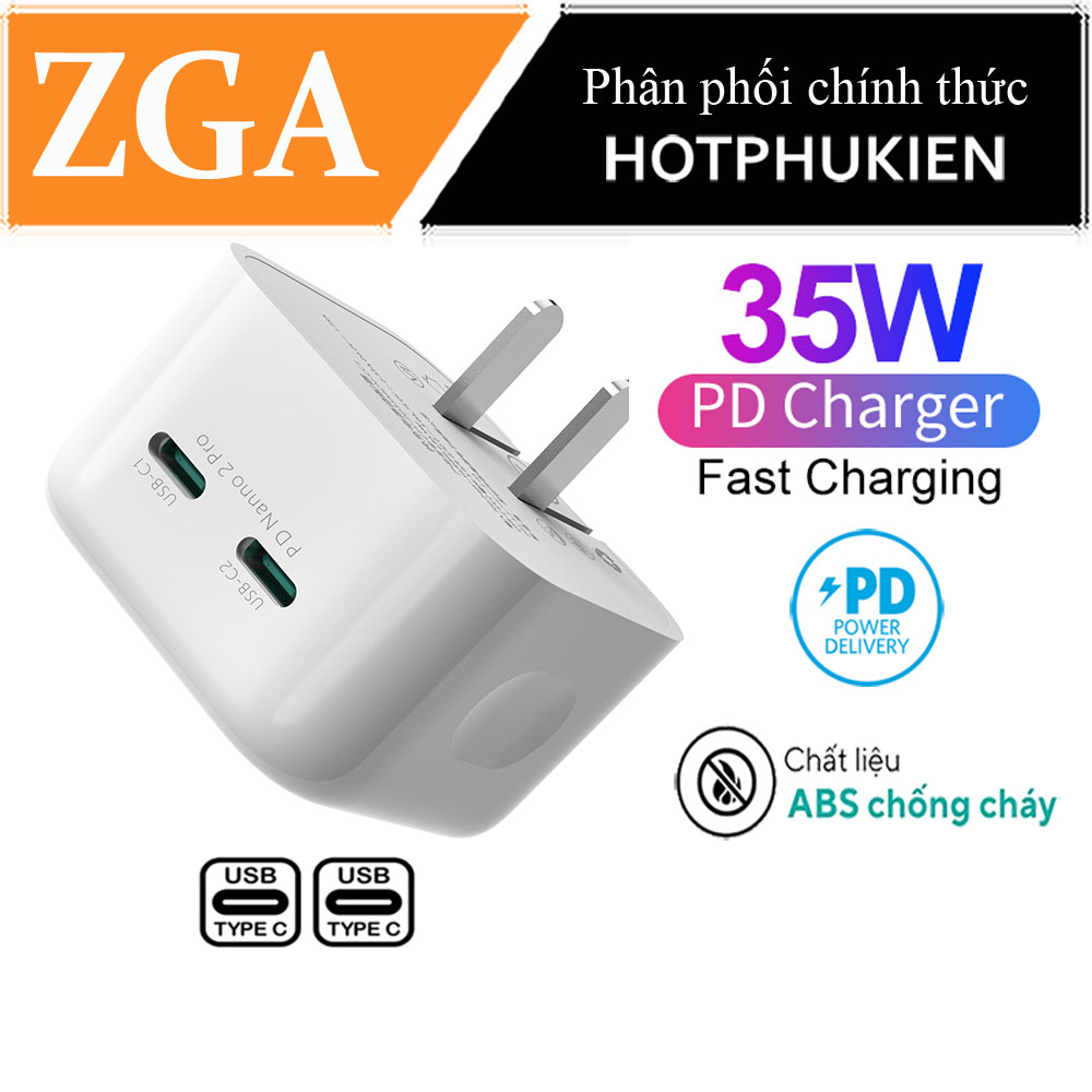 Adapter cóc củ sạc type C sạc nhanh 35W đa năng 2 cổng PD USB-C hiệu ZGA CT11 chuẩn sạc nhanh PD 3.0,  chip sạc thông minh, chân cắm US-UK có thể thu gọn