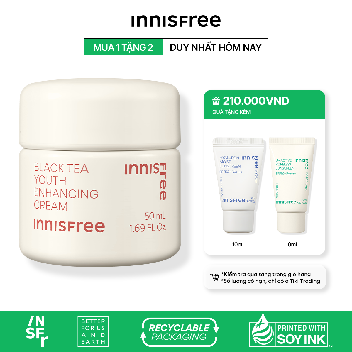 Kem dưỡng da ban đêm ngăn ngừa lão hóa từ trà đen innisfree Black Tea Enhancing Cream 50 mL (New 2023)