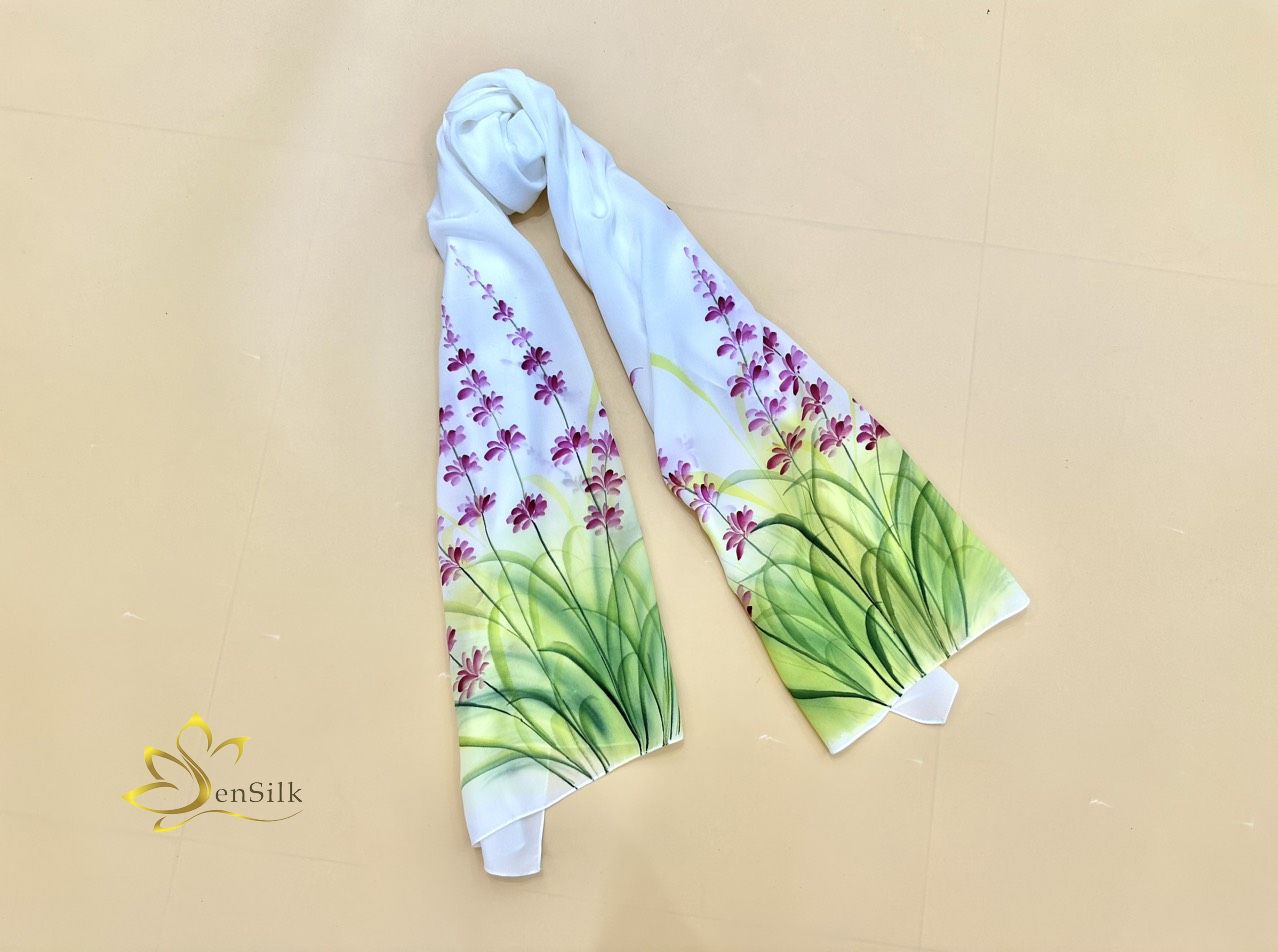 Hand Painted Silk Scarf - Khăn Lụa Cao Cấp Vẽ Tay Hoa Oải Hương SenSilk 160x55cm, Quà Việt Nam Tặng Khách Nước Ngoài