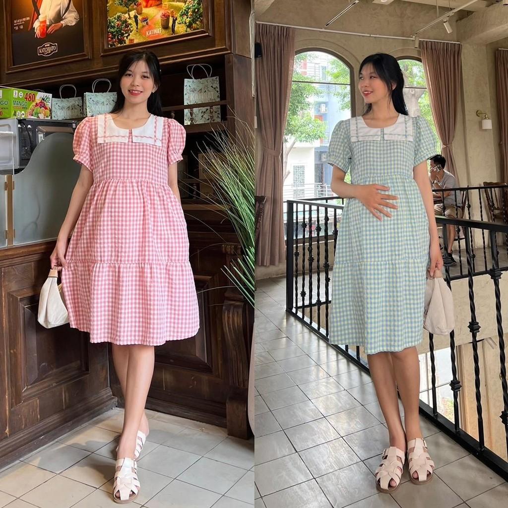 Đầm bầu karo cổ thuỷ thủ phom babydol trẻ trung, đáng yêu Nữ Women Cotton Thun - Xanh biển