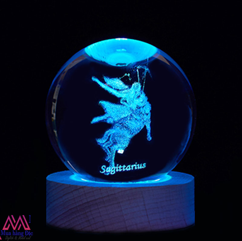 Quả cầu pha lê 12 cung hoàng đạo 6CM khắc 3d Larser đèn led
