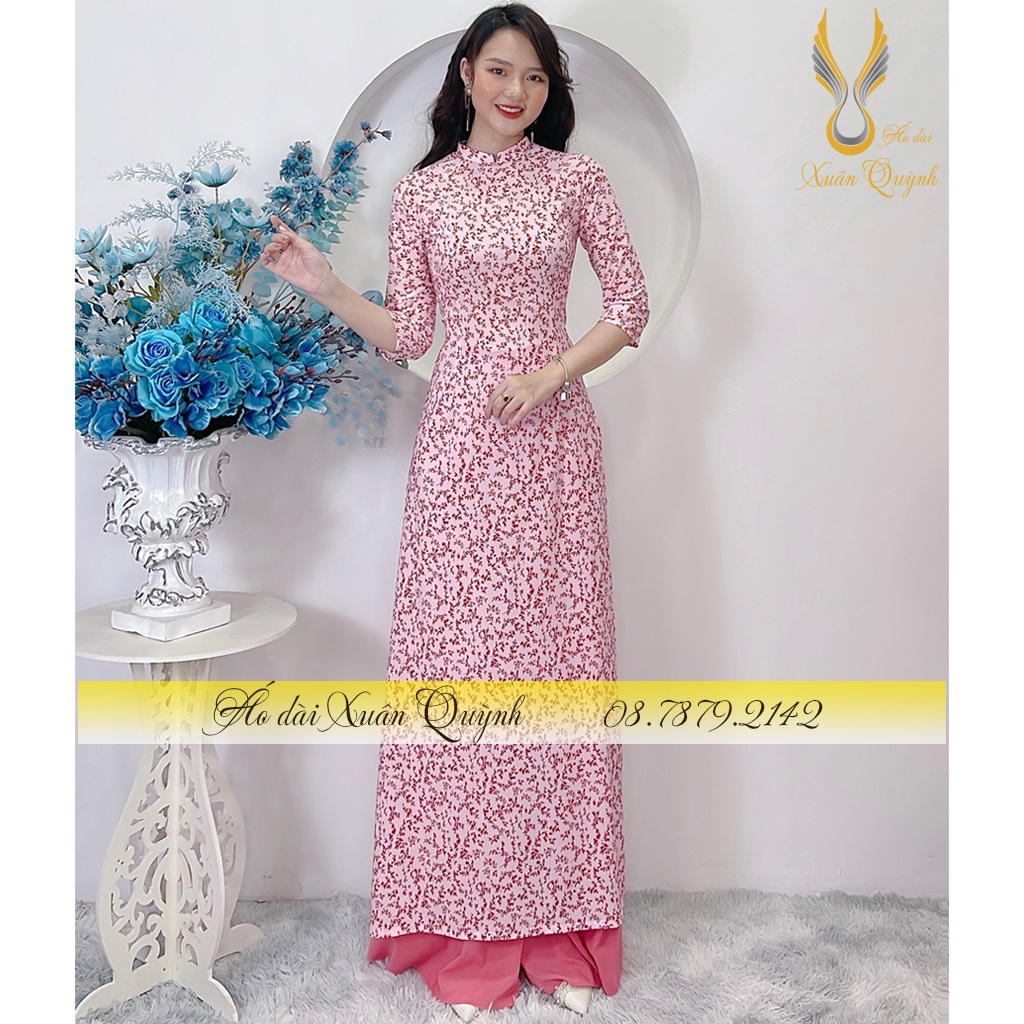 Áo Dài Hoa Nhí Hồng Trẻ Trung, Thanh Lịch, Duyên Dáng Lụa Habutai Cao Cấp K62