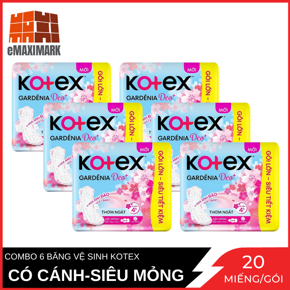 Combo 6 Băng Vệ Sinh Kotex Gardenia Deo - Hoa Anh Đào Siêu Mỏng Cánh 23cm 20 Miếng