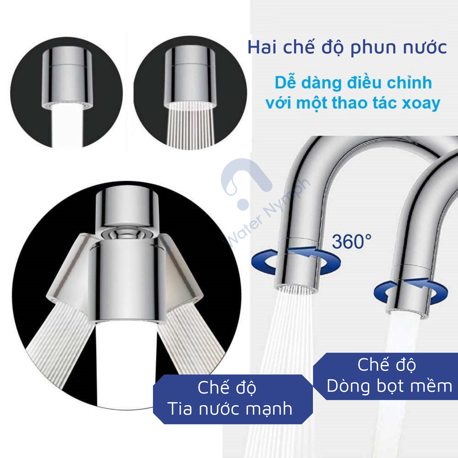 Đầu vòi nước rửa chén bát, rửa mặt xoay 360 độ, tạo bọt, chống bắn, tăng áp, hai chế độ phun nước Waternymph N28 (tặng kèm bộ ren 6 món)