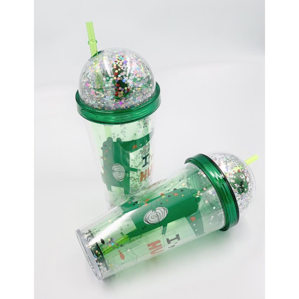 Ly Khủng Long Kim Tuyến Nhựa 2 Lớp Kèm Ống Hút Đẹp Mắt, Ngộ Nghĩnh, Dung Tích 450ml