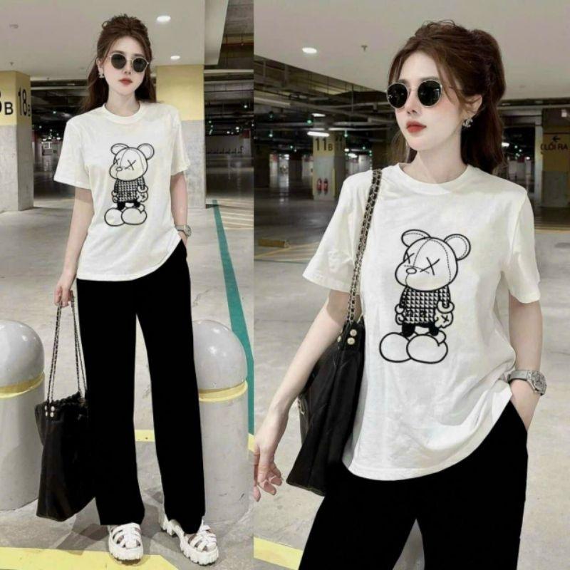 Đồ bộ thun nữ có bigsize quần dài ống suông quần ống rộng áo thêu hình gấu, sét bộ đi chơi đi làm, bộ đồ mặc nhà xinh