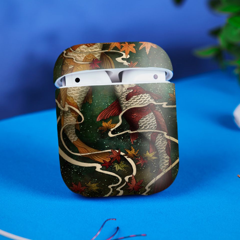 Miếng dán skin chống bẩn cho tai nghe AirPods in hình cá chép Koi mùa thu - CHR017 (bản không dây 1 và 2