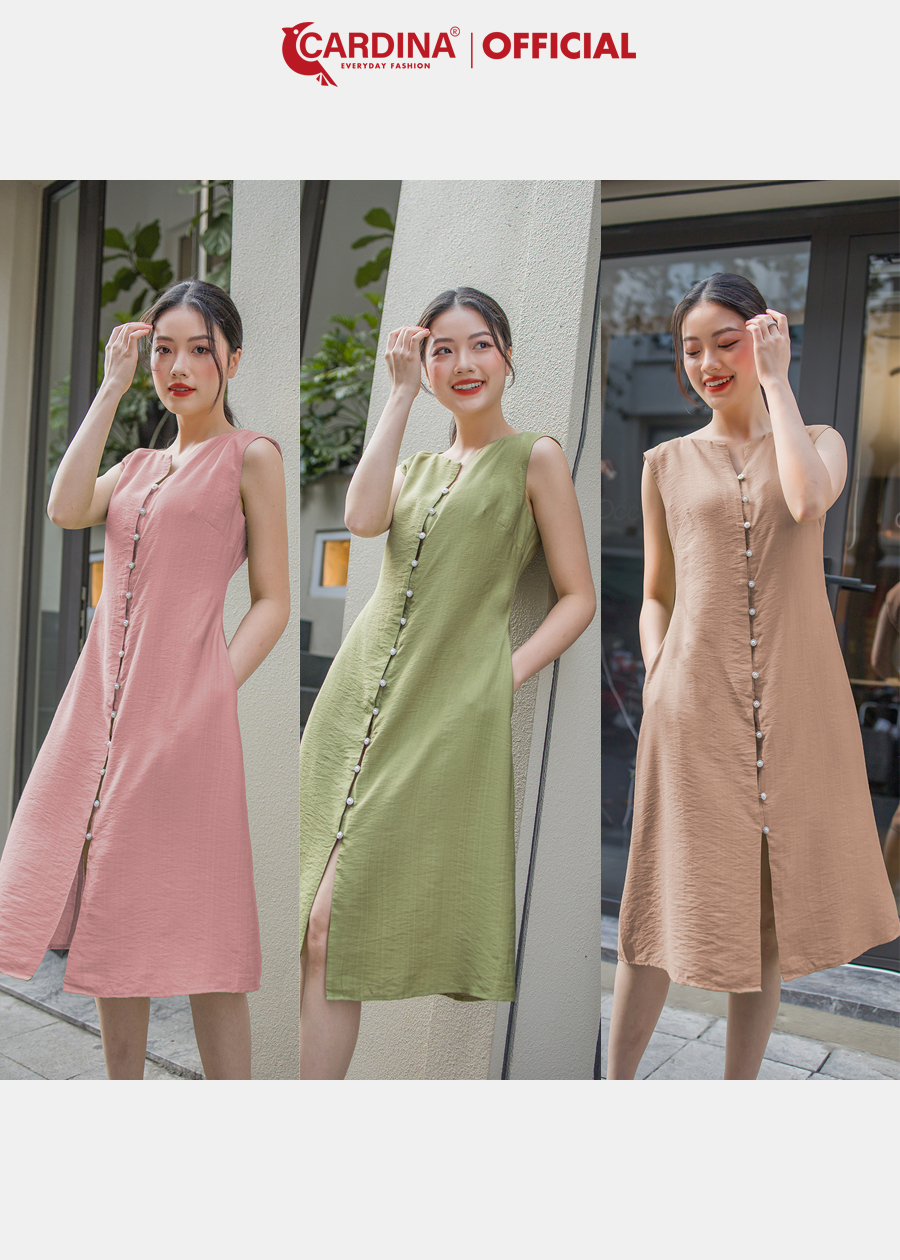Đầm Nữ CARDINA Sát Nách Chất Đũi Bamboo Cao Cấp Dáng Suông Cài Khuy Giữa Thanh Lịch 3VD01