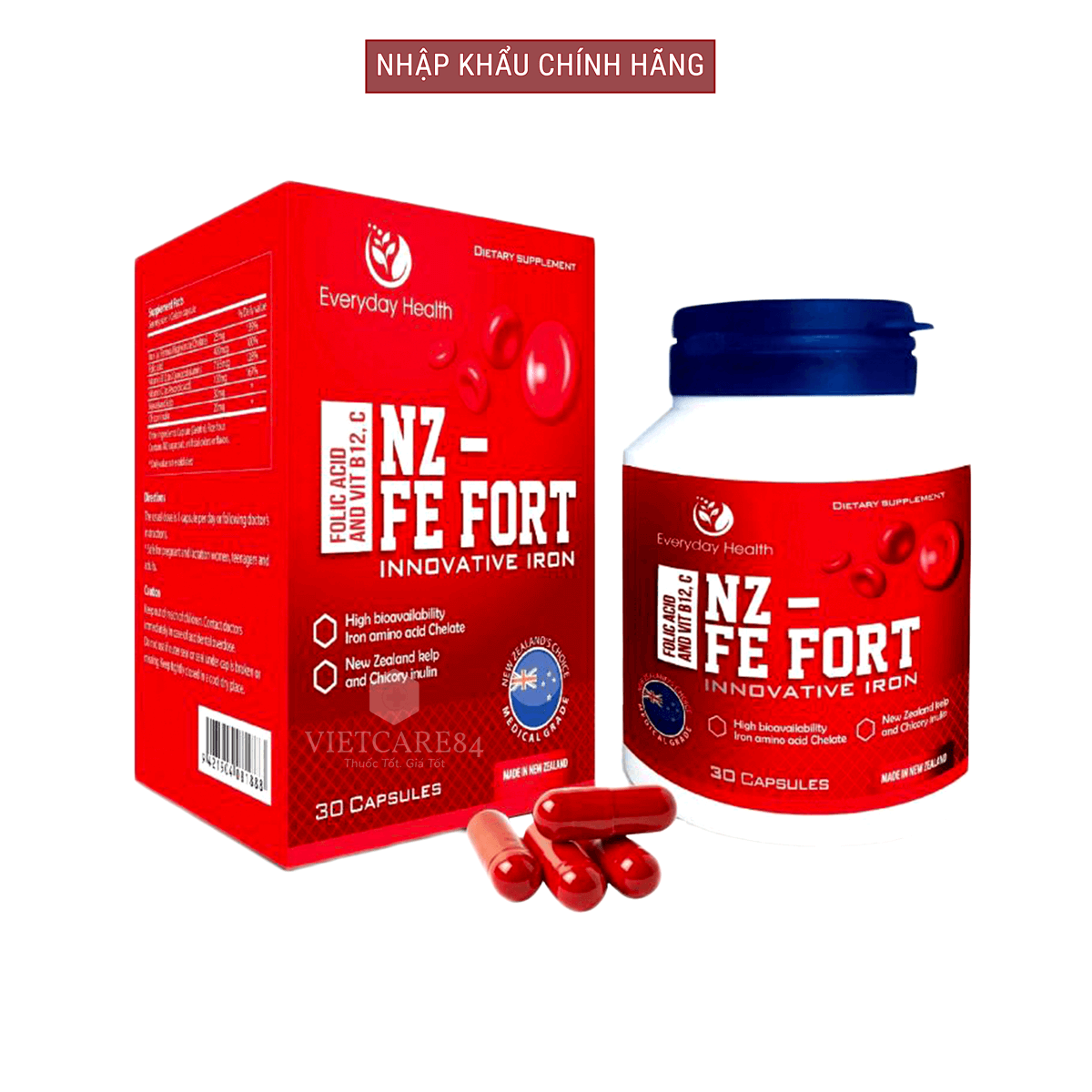 Bộ sản phẩm Sắt, Canxi cho mẹ bầu nhập khẩu chính hãng gồm: Viên sắt hữu cơ NZ FE FORT và viên canxi hữu cơ NZ ULTRA CAL