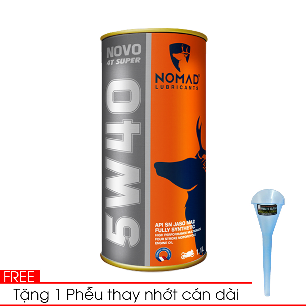 Nhớt tổng hợp toàn phần 100% NOMAD - SAE 5W40 - API SN - JASO MA2 - 1.1L - TẶNG 1 phễu thay nhớt cán dài