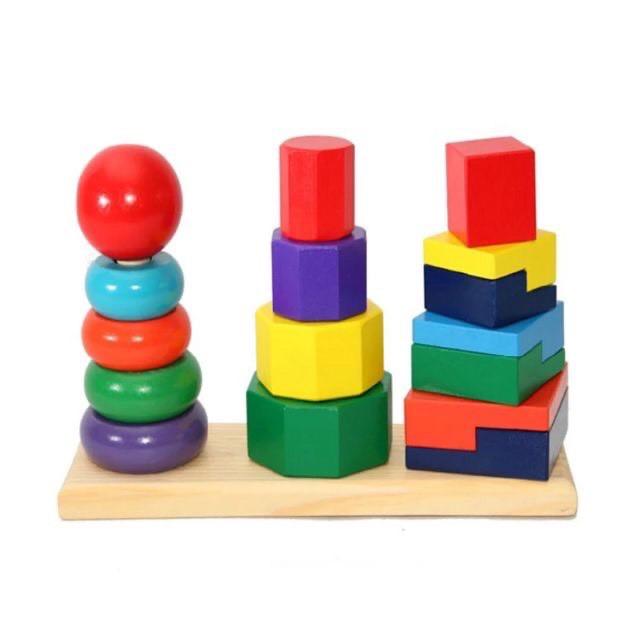 Đồ chơi gỗ 3 tháp xếp chồng trên thanh ngang - Montessori