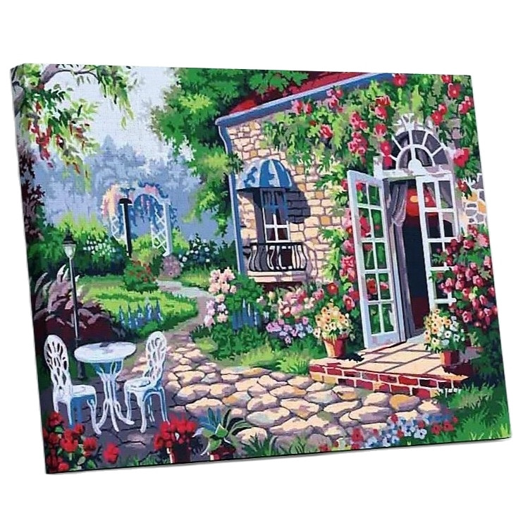 Tranh sơn dầu số hóa tự tô đã căn khung 40x50cm- E111 ngôi nhà hoa nắng