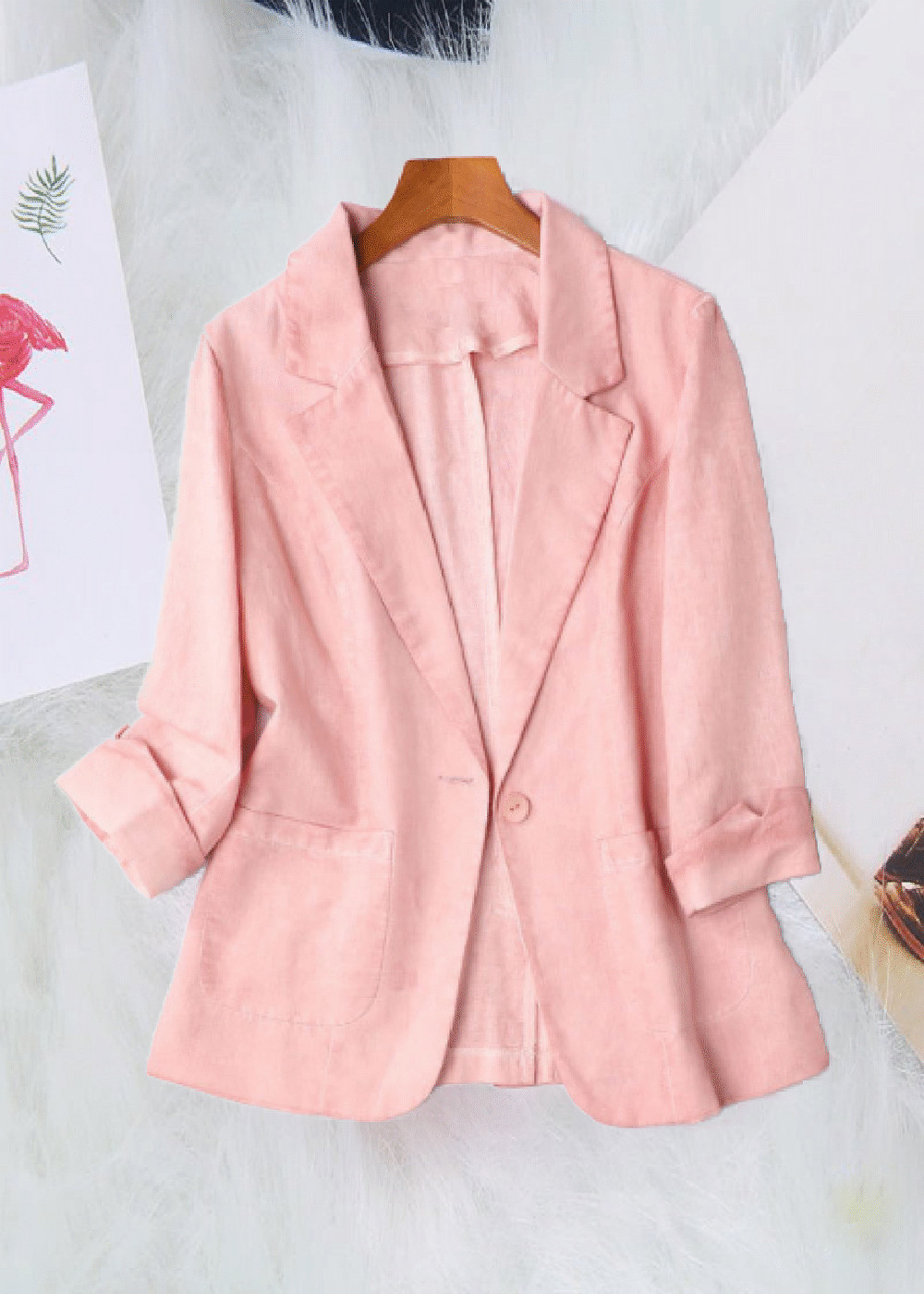 Áo Blazer Nữ Linen Hồng Pastel Túi Tay Lỡ Hàn Quốc