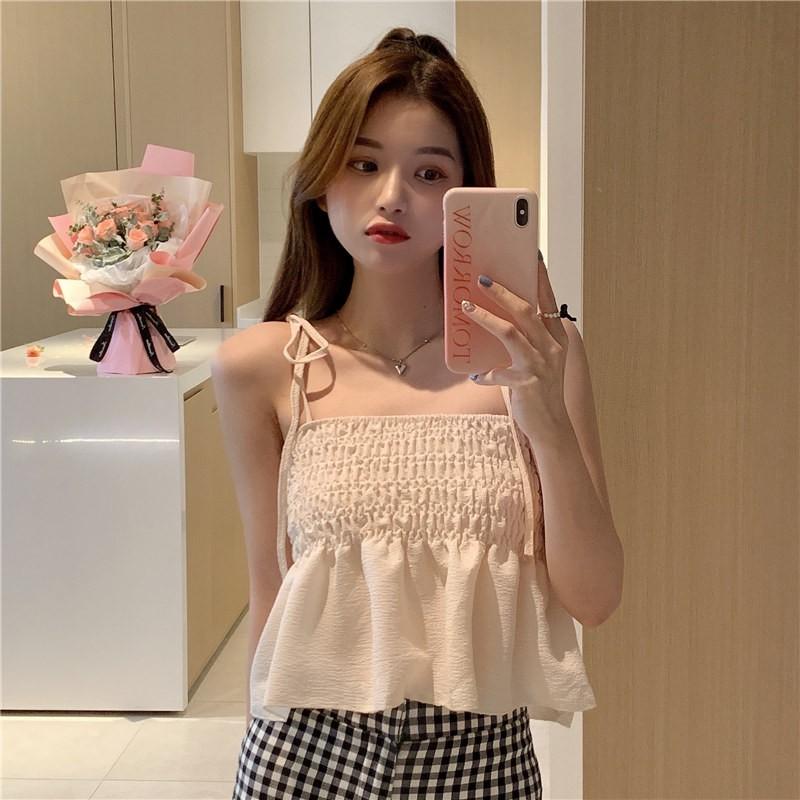 Áo Hai Dây Croptop Bo Nhún Dáng Xoè Mùa Hè